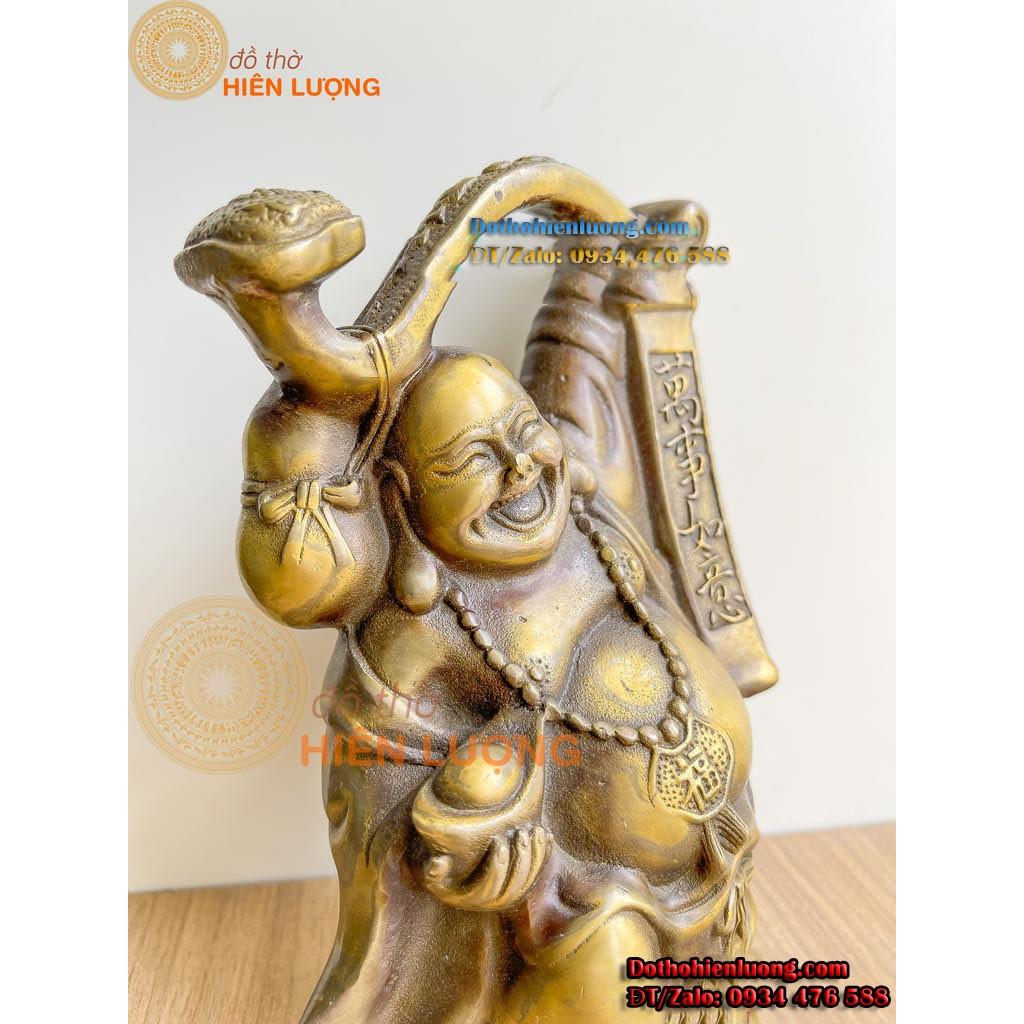 Tượng Phật Di Lặc Vác Gậy Như Ý Bằng Đồng Vàng Cao 19cm