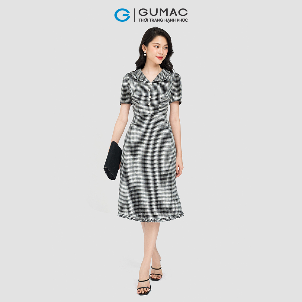 Đầm cổ viền bèo GUMAC DC08108 vải lụa satin đầm form A tay ngắn viền bèo màu đen