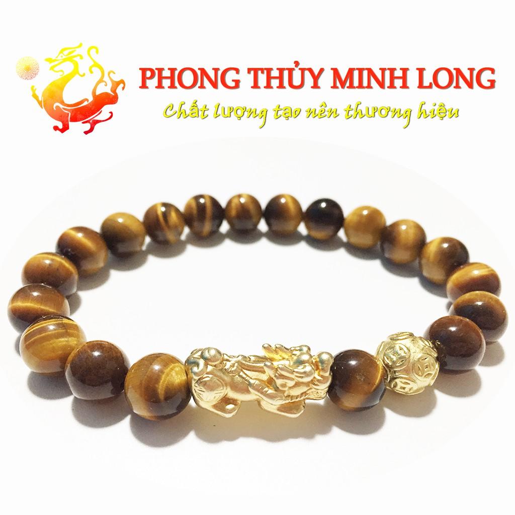 Vòng tay đá mắt hổ Vàng Nâu 5A mix Tỳ Hưu và 1 hạt kim tiền vàng mệnh Kim và Thổ