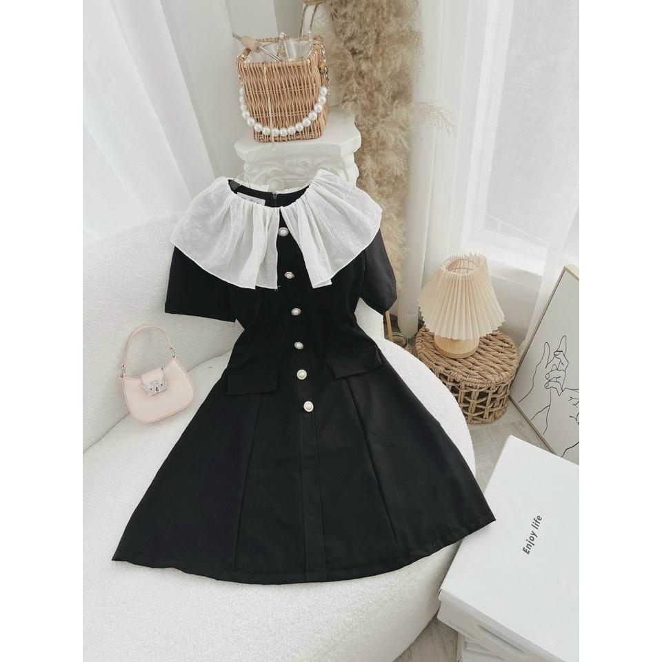 Đầm váy cổ tàu kate xinh xắn phối hàng nút cho nàng dạo phố, dự tiệc