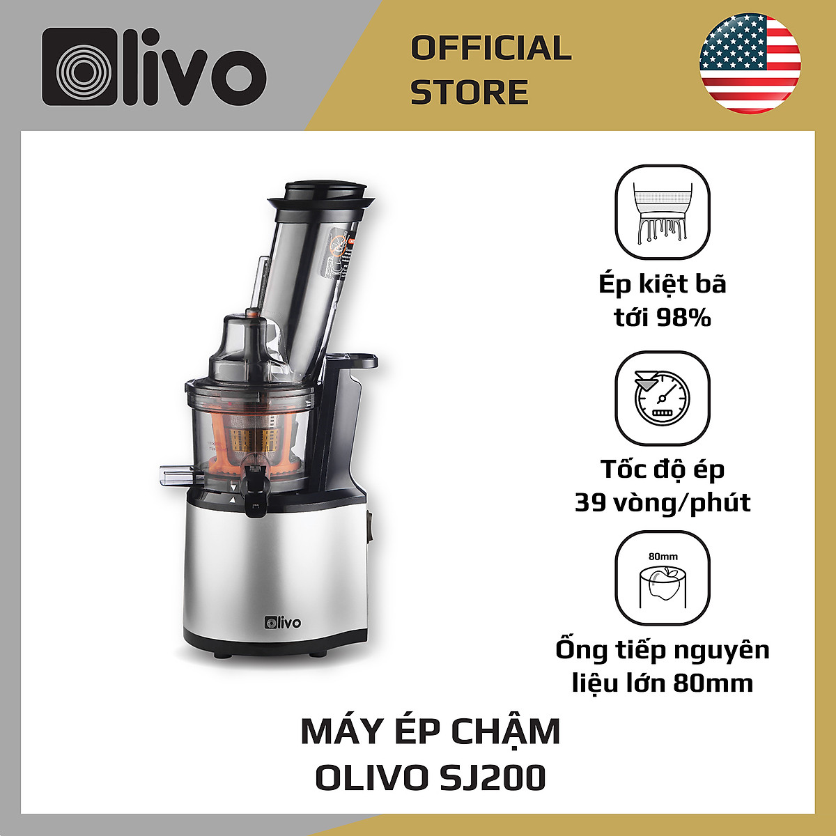 Máy Ép Chậm OLIVO SJ200 Đa Năng  Ép Kiệt Bã 98% - Tốc Độ Chậm 39 vòng/phút - Dễ Vệ Sinh - Thương Hiệu Mỹ