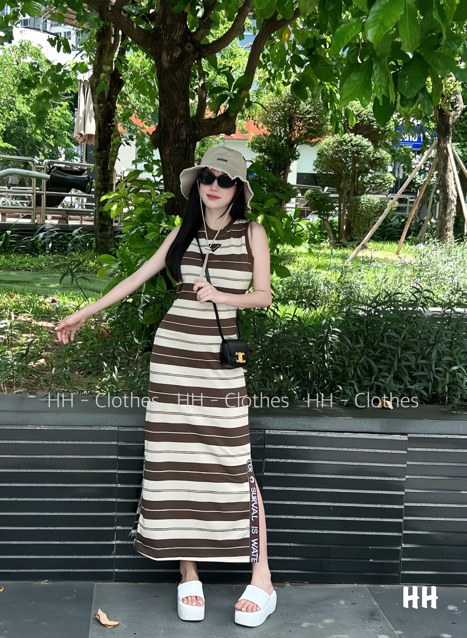 VÁY ĐI CHƠI, VÁY MAXI, VÁY SUÔNG KẺ NÂU XẺ CỰC KUTE