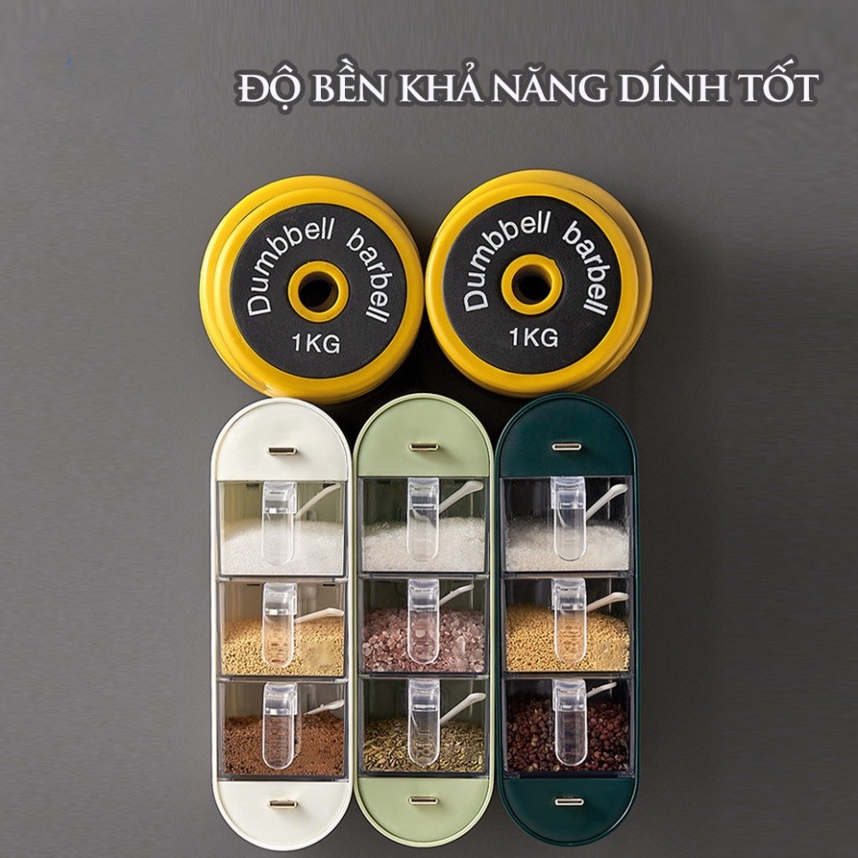 Hộp gia vị đa năng 3 ngăn kèm muỗng cách nhiệt gắn tường, hộp đựng gia vị sáng tạo cho nhà bếp