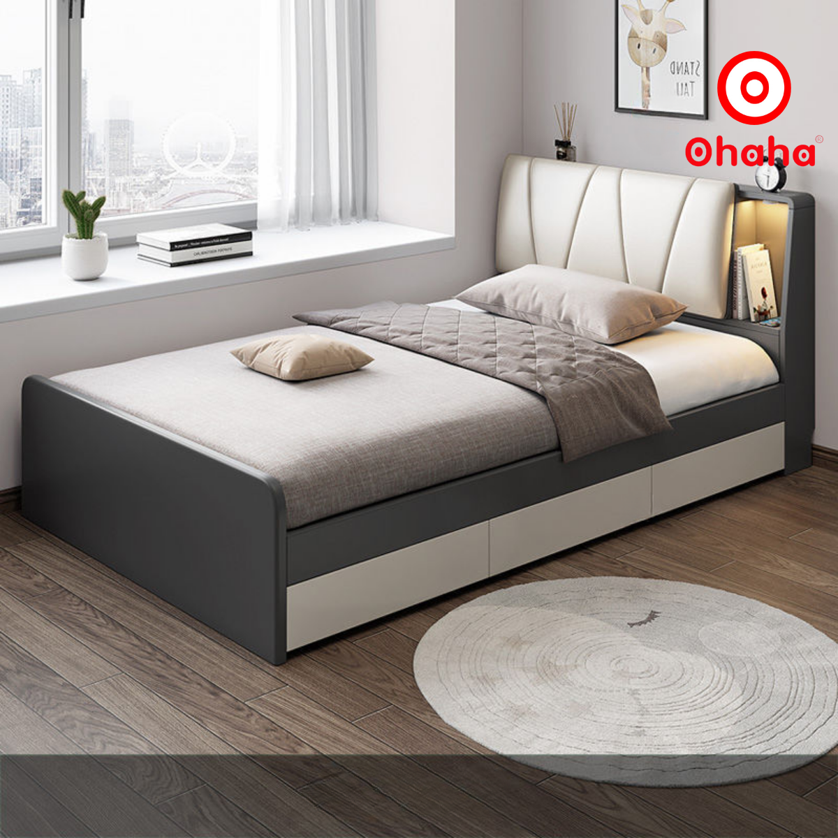 Hình ảnh [Miễn phí vận chuyển & lắp đặt] Giường ngủ thông minh cao cấp bọc nệm đầu giường gỗ công nghiệp Ohaha - GN006