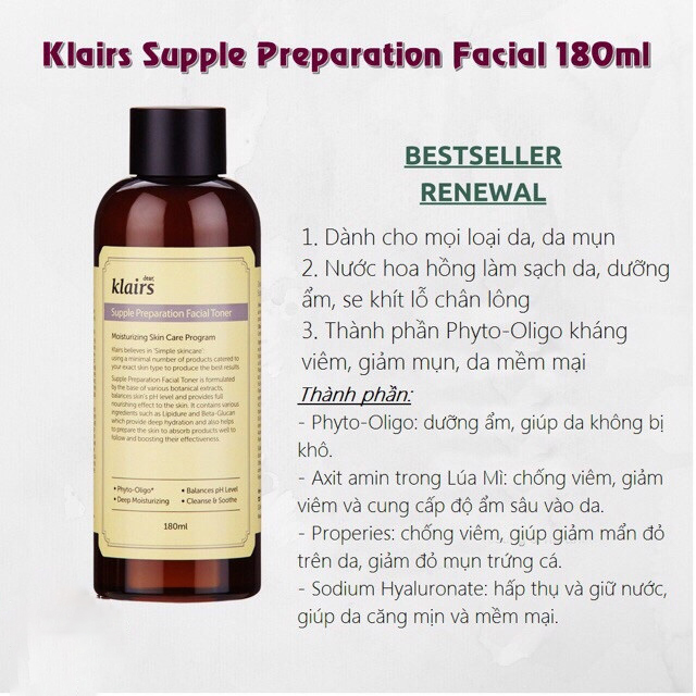 Nước Hoa Hồng Dưỡng Ẩm Dears, Klairs Supple Preparation Toner 180ml