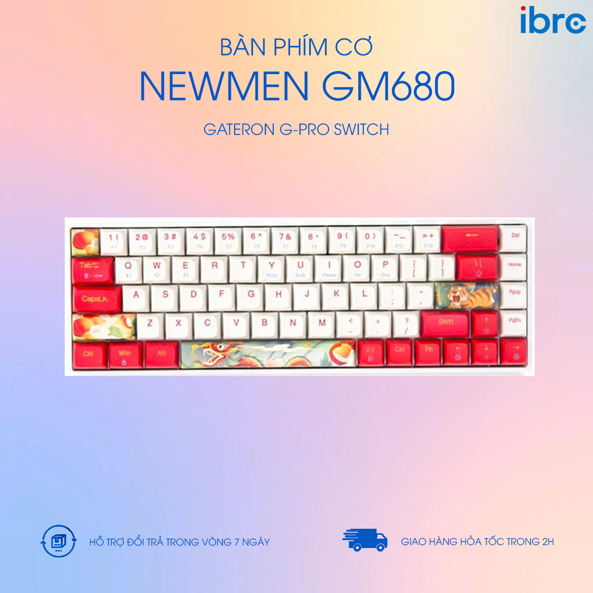 Bàn phím cơ không dây Dual Mode Newmen GM680 (Bluetooth 5.0, Cáp Type-C , 1x Set Keycap Rồng-Hổ ) - Red switch -Hàng chính hãng