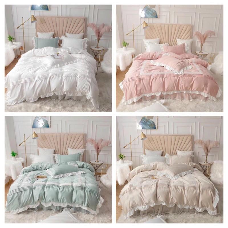 Bộ Chăn Ga Gối Cotton Lụa Bèo Ren Công Chúa Hàng Nhập Khẩu Cao Cấp 4 Món 4 Màu Nhẹ Nhàng