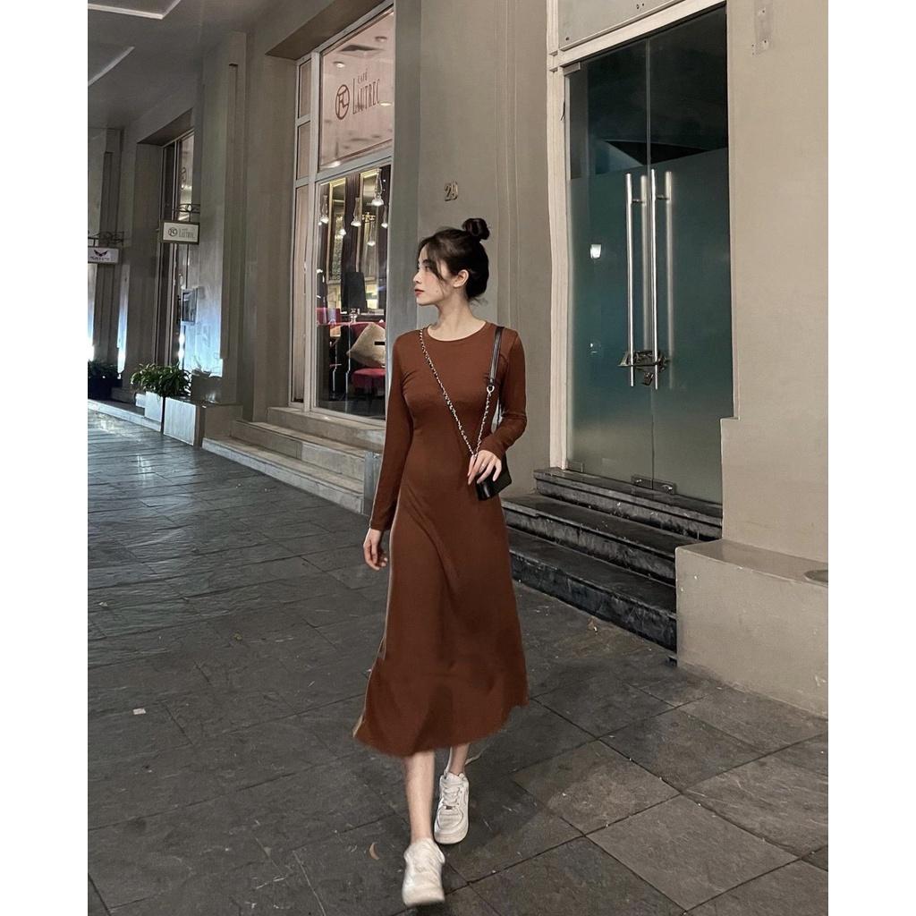 Váy suông dáng dài, váy maxi dài tay dáng xòe trơn basic cổ tròn vải thun tăm co giãn dày dặn phong cách Hàn Quốc,VAY025