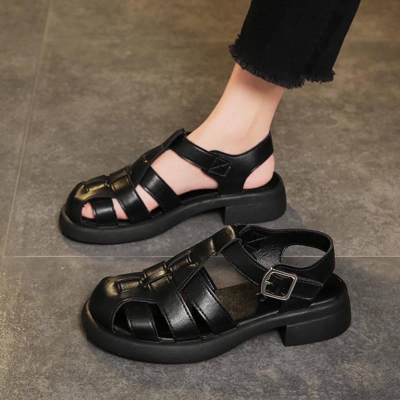 CH752 - giày sandal rọ chiên binh liền bản phong cách roman 2 màu đen trắng- rọ marry