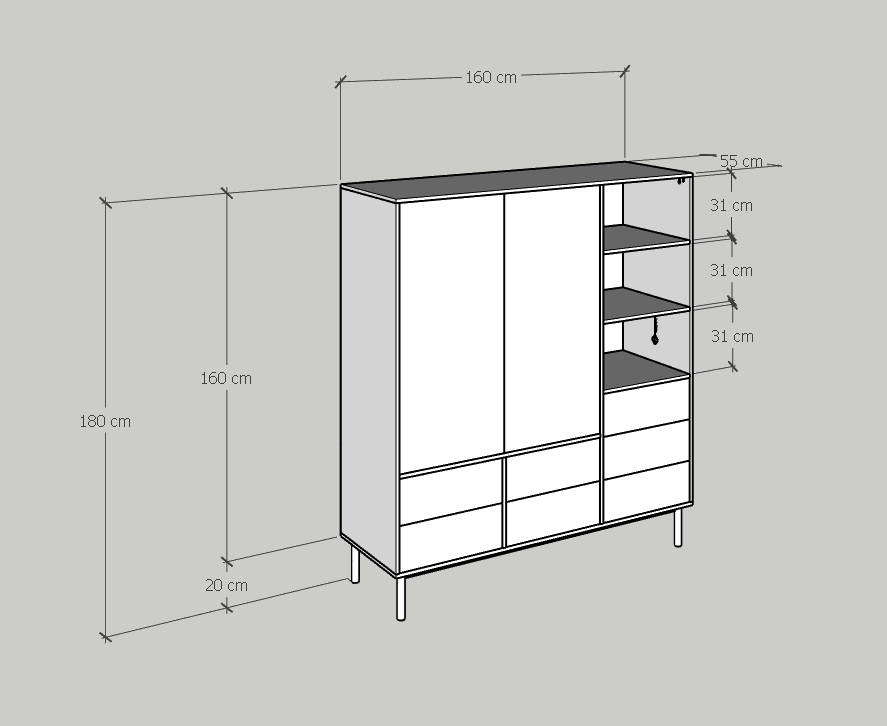 [Happy Home Furniture] BECKY, Tủ quần áo nhiều ngăn - chân sắt ,  160cm x 55cm x 180cm ( DxRxC), TCM_014