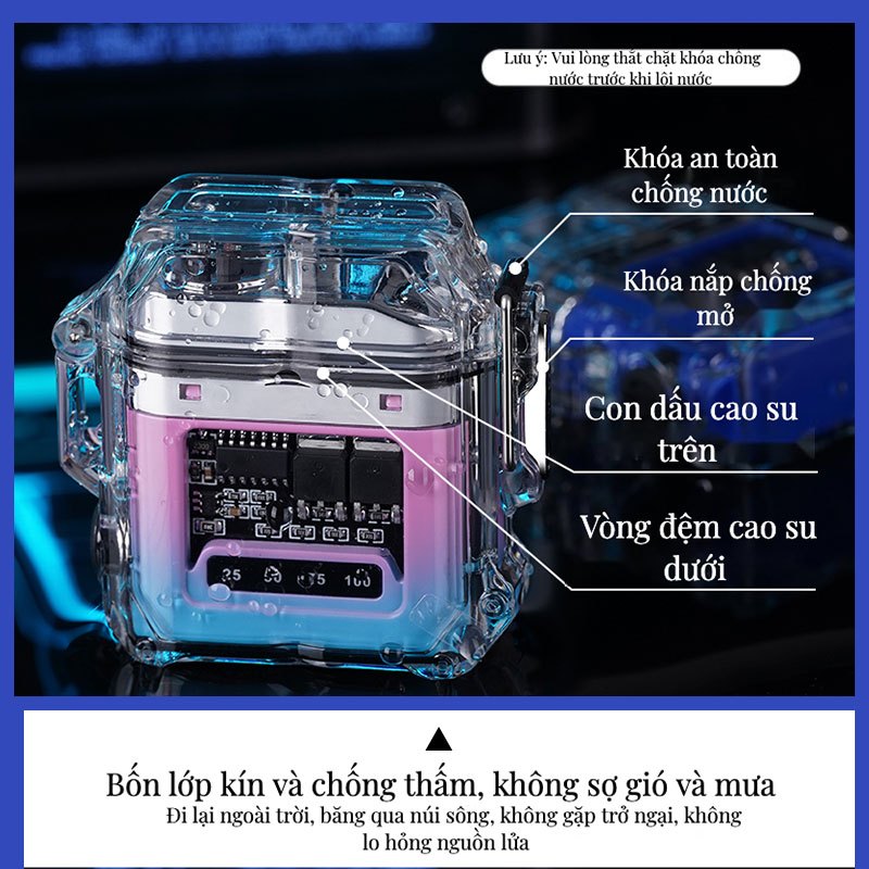 Quẹt Điện Plasma Tích Hợp Đèn Pin 3 Chế Độ Siêu Sáng - Vỏ Trong Suốt Chống Gió, Chống Nước - Hàng cao cấp