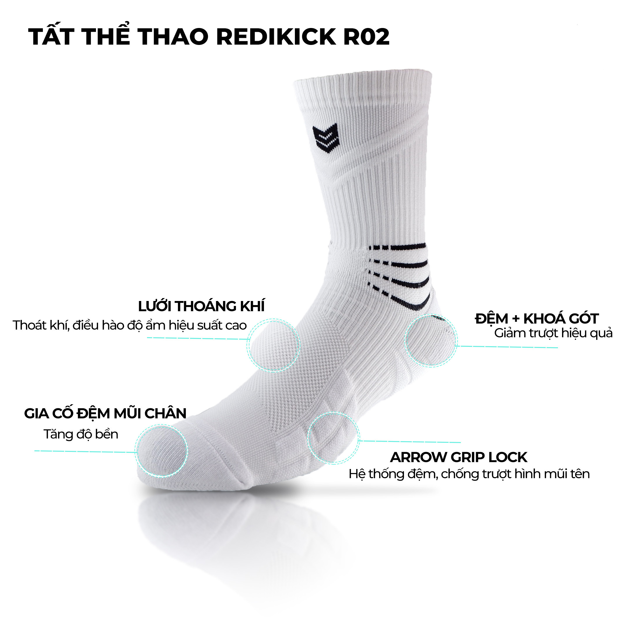 Tất Thể Thao Redikick Cổ cao R02 Combed Cotton Vớ Nam Nữ Cổ Cao Vớ có đệm, Chống Trượt, Thoáng Khí, Chống hôi chân Màu Xanh Mint phù hợp chơi Bóng Rổ Bóng đá Bóng Chuyền Tennis Chạy Bộ Đá banh -Hàng Chính Hãng