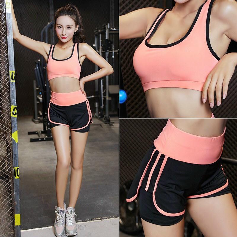 Bộ đồ thể thao tập Gym Yoga Aerobic, Quần áo tập Gym Yoga nữ áo bra quần đùi 2 lớp BT088