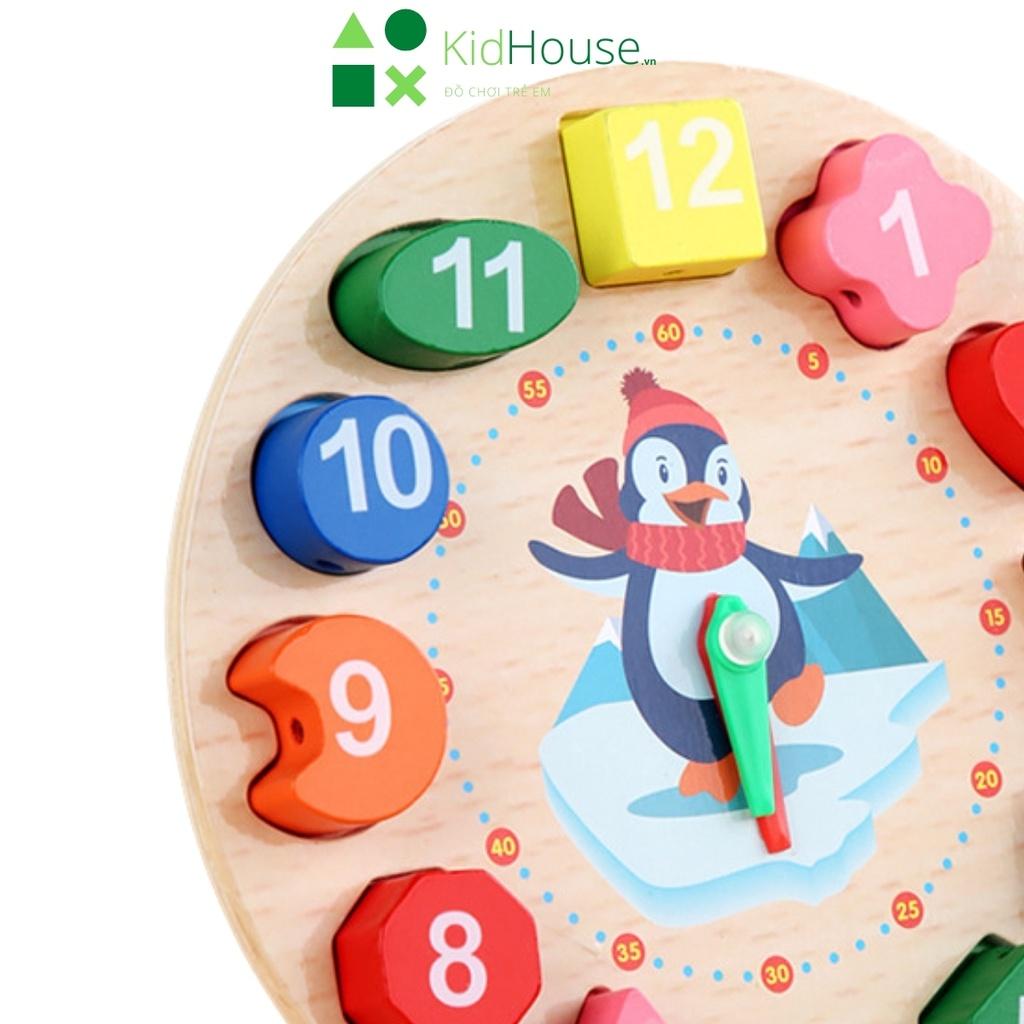Đồ chơi gỗ đồng hồ hình khối chim cánh cụt thông minh giúp bé học tập