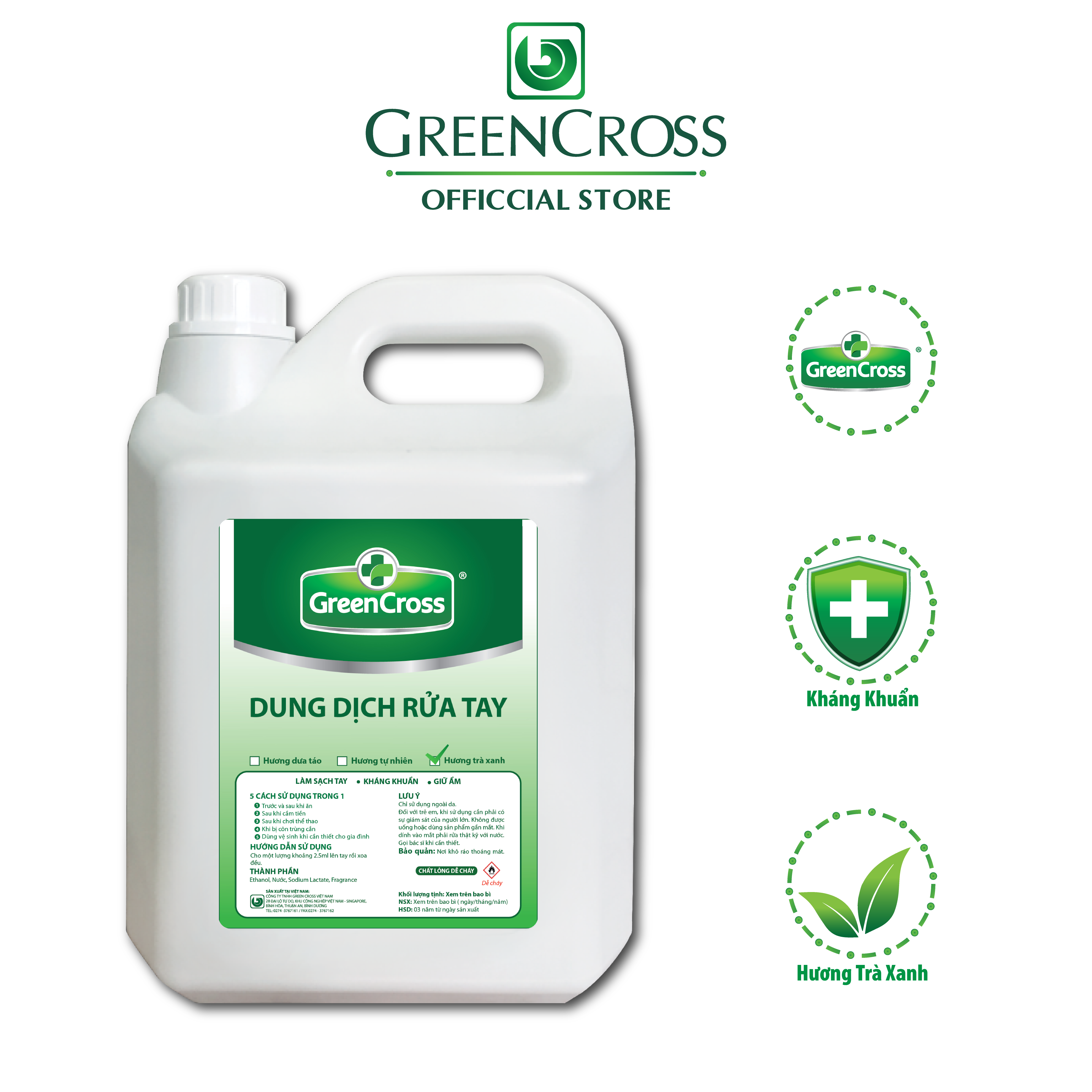 DUNG DỊCH RỬA TAY KHÁNG KHUẨN GREEN CROSS CAN 5L - Tặng thêm 1 chai xịt khuẩn bề mặt Green Cross A2