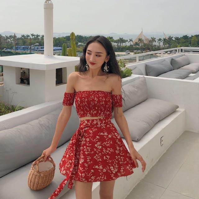 Set áo trễ vai mix chân váy hoa nhí summer 2021