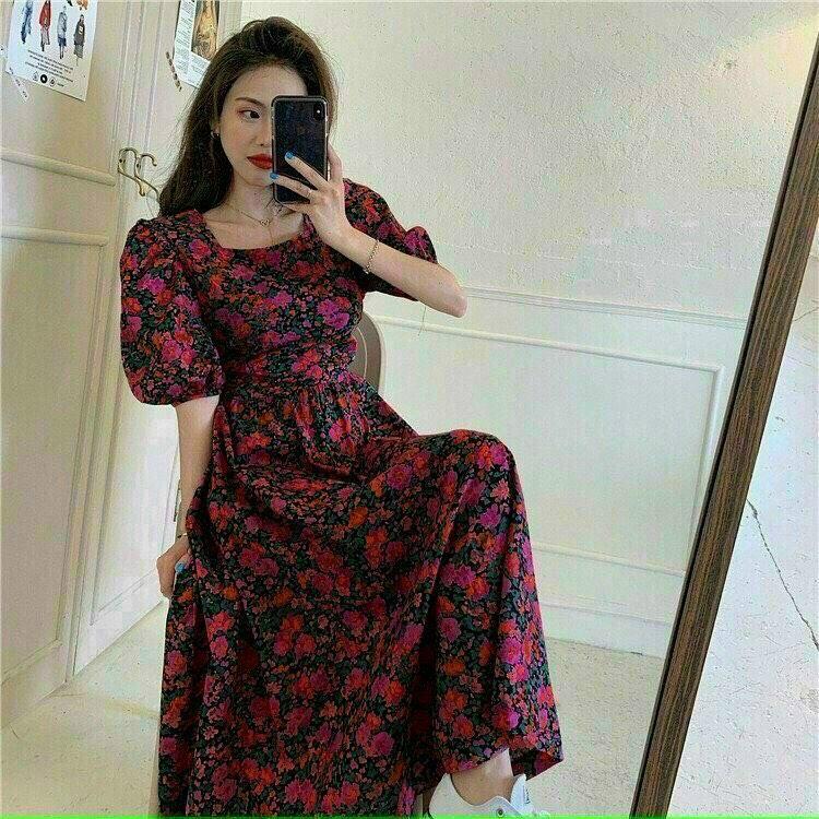 Đầm Xoè Hoa Tay Phồng Cổ Vuông