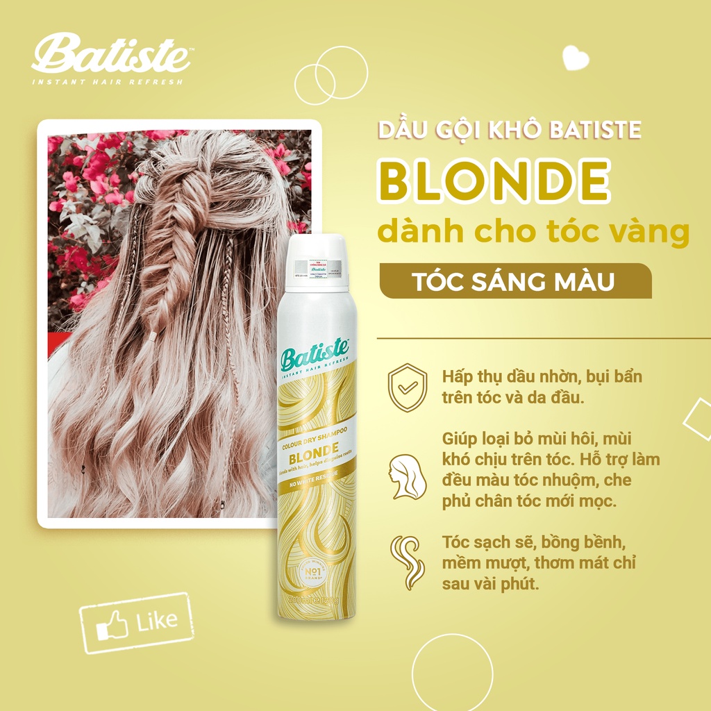 Dầu Gội Khô Dành Cho Tóc Vàng, Tóc Sáng Màu - Batiste Colour Dry Shampoo BLONDE 200ml