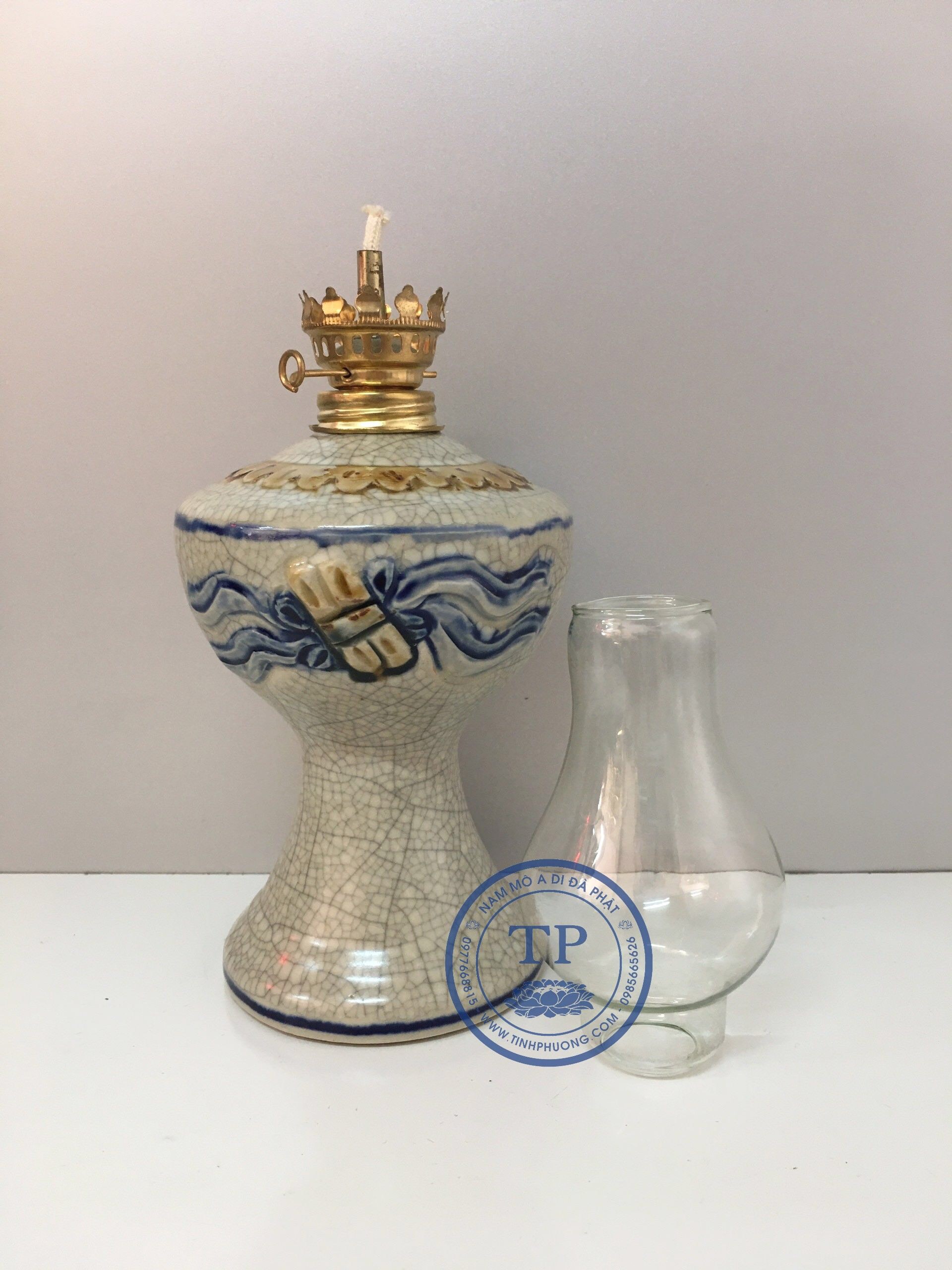 Đèn thờ đốt dầu gốm TỊNH PHƯƠNG cao cấp Đk: 9cm. Cao: 24,5cm KH12116