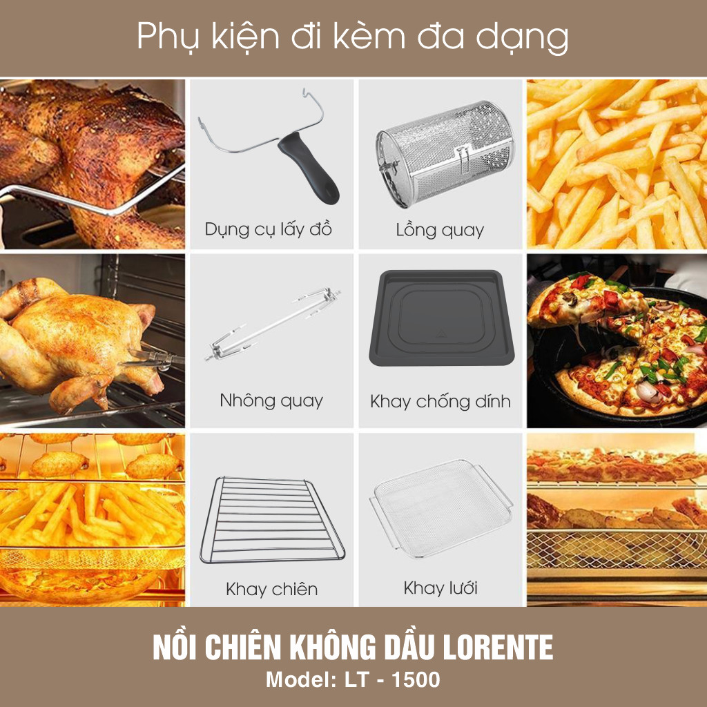 Nồi chiên Không dầu, kiêm Lò nướng đa năng 15L, Full phụ kiện Lorente LT1500 - Hàng Chính hãng