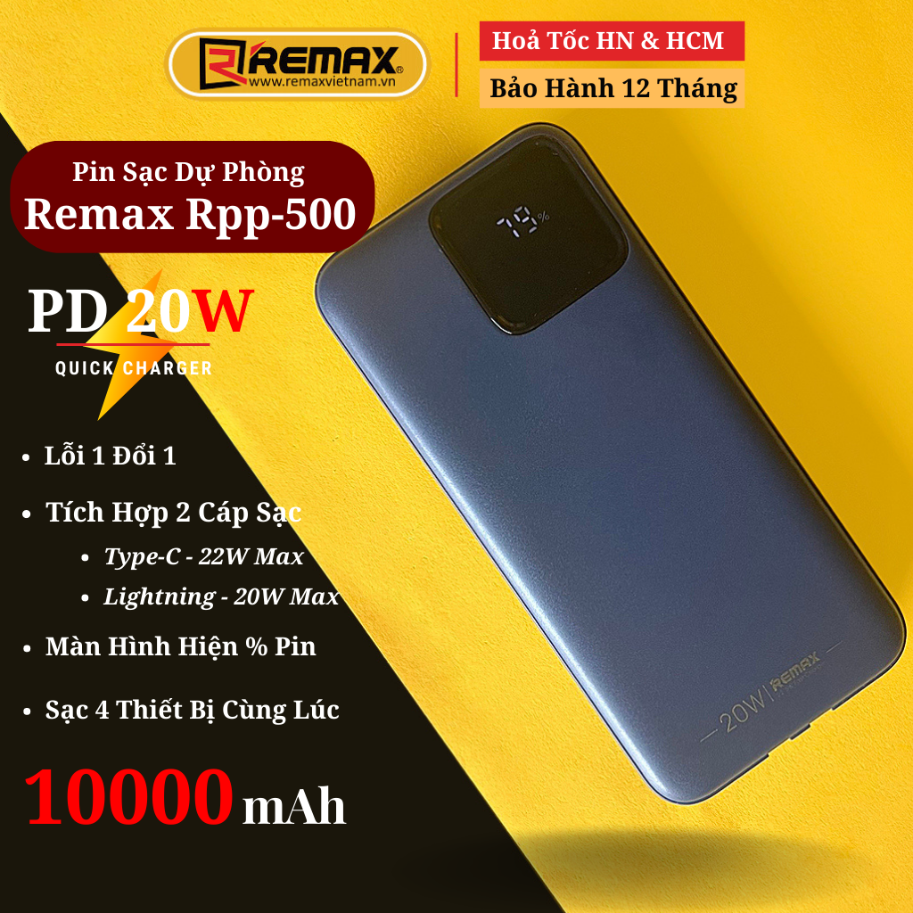 Sạc dự phòng 10000mAh Remax RPP-500 Tích hợp 2 cáp sạc nhanh PD 22.5W Hàng Chính Hãng Remax