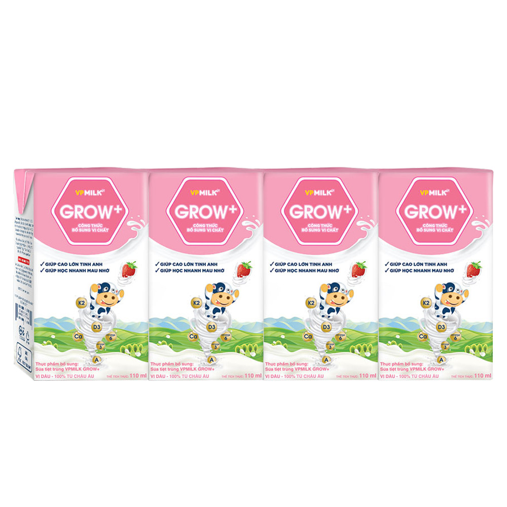 Sữa Tiệt Trùng Có Đường VPMilk Grow+ Vị Dâu Hộp 110ml (Thùng 48 Hộp)