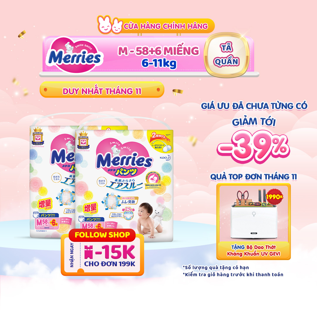 Thùng 2 Tã quần Merries đủ size M64/L50/XL44/XXL28