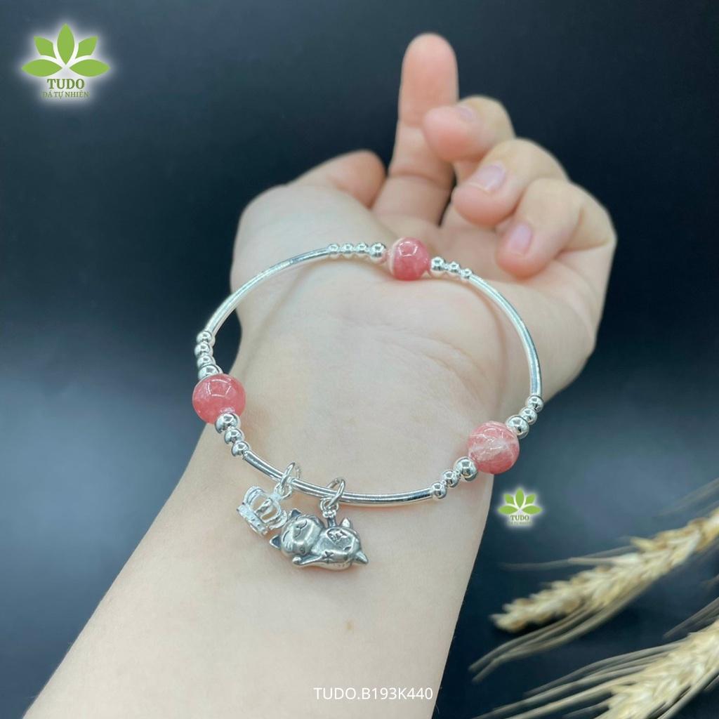 Vòng Tay Nữ Đẹp - Vòng Phong Thủy Đa Mệnh TUDO B193K440 VCBDAOH 3 hạt hồng, Charm Bạc Mèo, Vương Miện