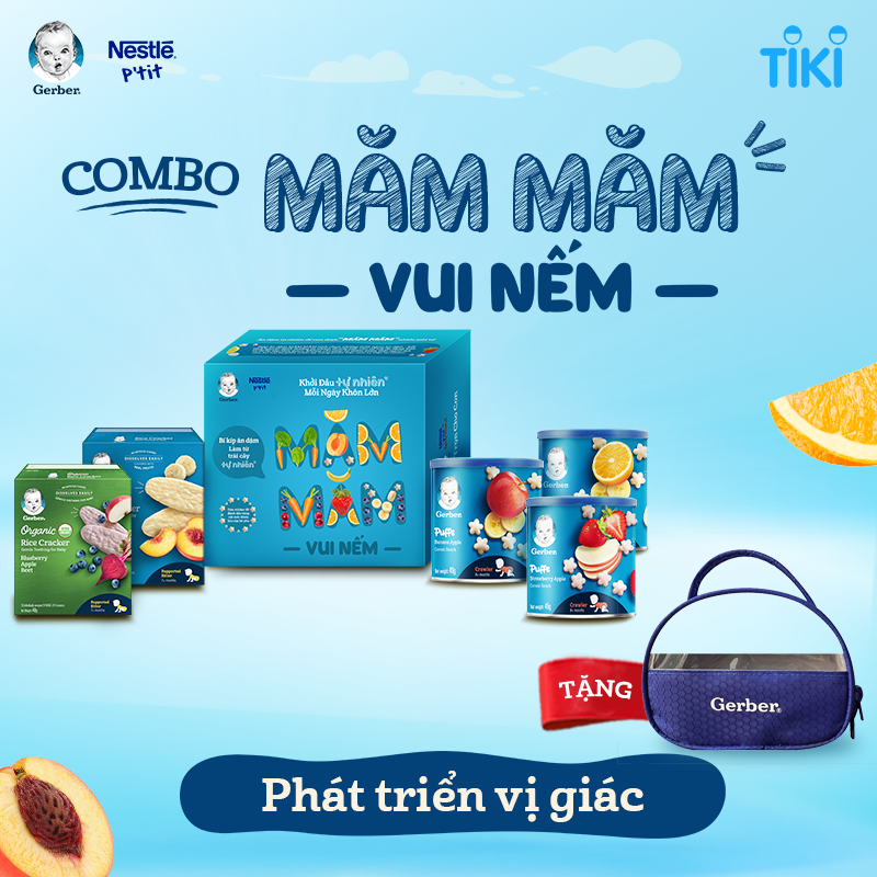 Măm măm vui nếm - C5 - 3 Bánh ăn dặm Gerber vị Cam Chuối/ Chuối Táo/ Dâu Táo + 2 Bánh gạo ăn dặm Gerber vị Chuối Đào/ Nam Việt Quốc Táo Củ Dền + Tặng 1 Túi xách cho mẹ