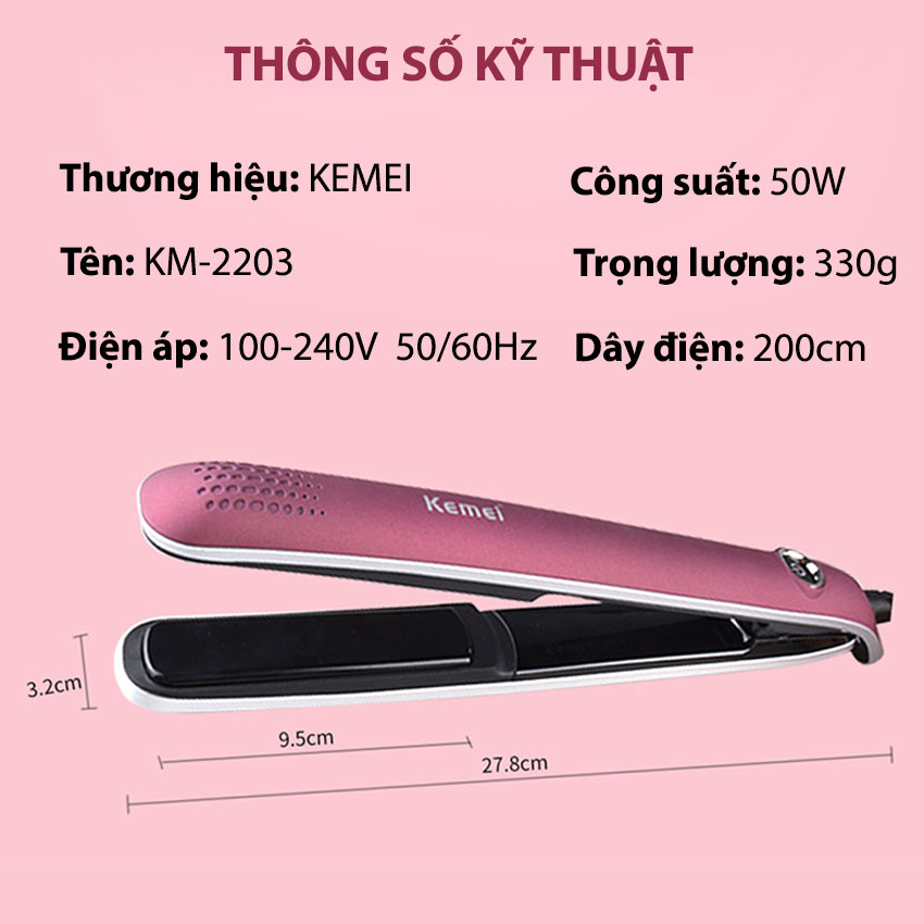 Máy duỗi tóc cao cấp Kemei KM-2203 điều chỉnh 4 mức nhiệt độ có màn hình LCD hiển thị phù hợp sử dụng mọi loại tóc