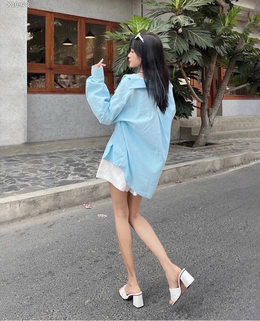 SET ÁO BRA CROPTOP DÂY XANH DƯƠNG + SƠ MI TAY DÀI PASTEL + QUẦN SHORTS NGẮN LƯNG CAO ỐNG RỘNG ĐI BIỂN