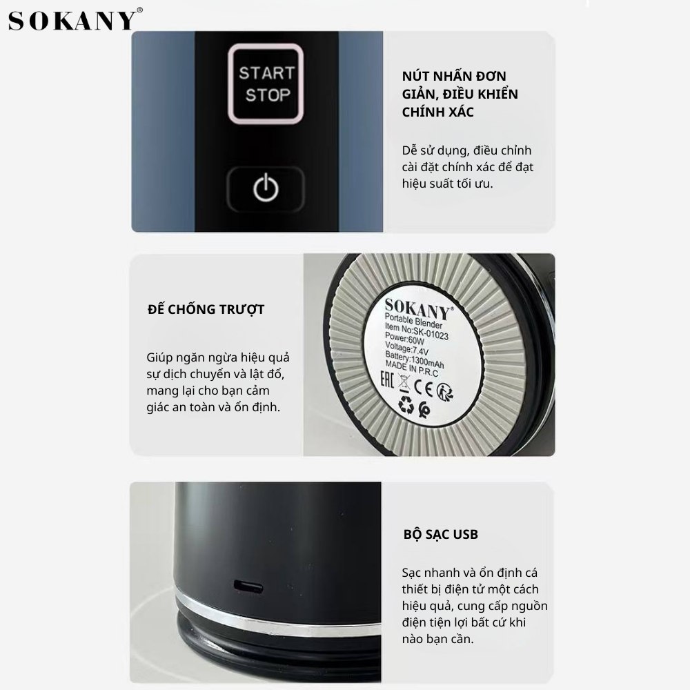 XAY ĐƯỢC ĐÁ - Máy xay sinh tố cầm tay SẠC PIN KHÔNG DÂY SOKANY SK-01023, pin sạc 1300mAh, 6 lưỡi dao sắc bén không gỉ - HÀNG CHÍNH HÃNG