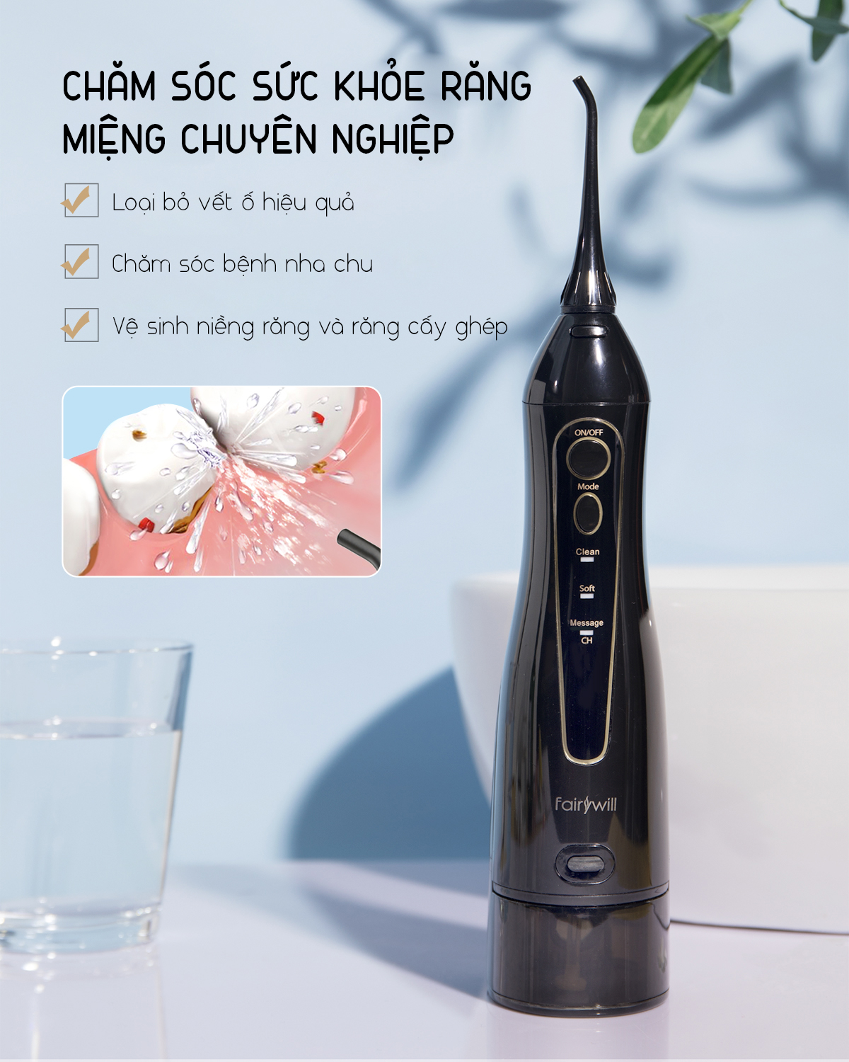 Máy tăm nước cầm tay FAIRYWILL FW-5020E máy tăm nước chính hãng Mỹ vệ sinh răng miệng cao cấp Thiết kế nhỏ gọn Sạc bằng USB Dễ mang đi du lịch Hàng Chính Hãng