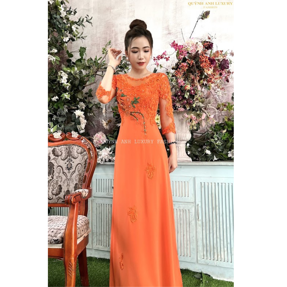 Áo dài dạ hội cho mẹ làm sui gia màu cam cà rốt thêu hoa kết đá cao cấp sang trọng che khuyết điểm