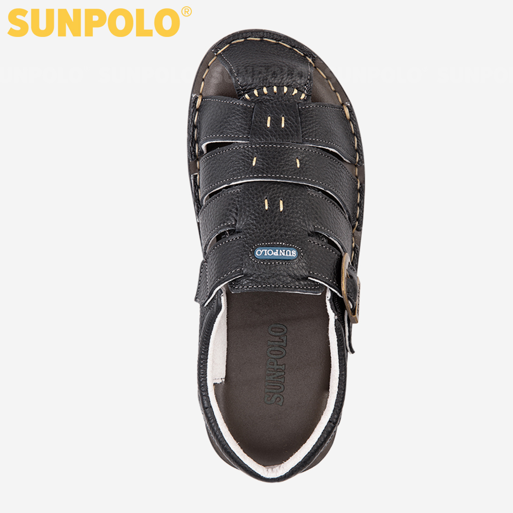 Sandal Bít Mũi Nam Da Bò Cao Cấp SUNPOLO SDA008 Thanh lịch (Đen)