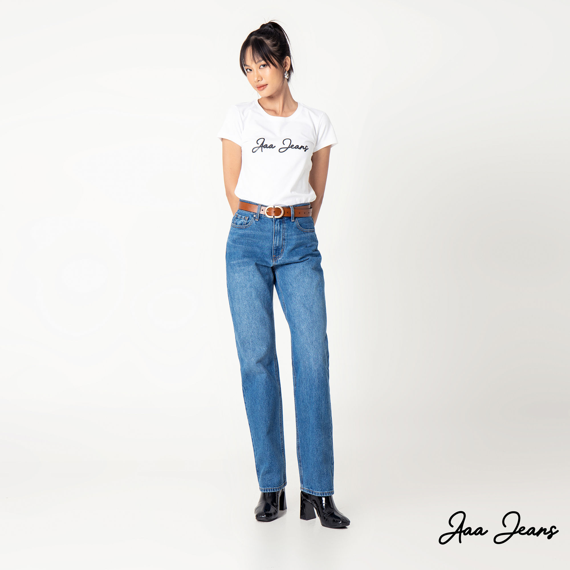 Quần jeans nữ ống đứng slim fit lưng cao Aaa Jeans