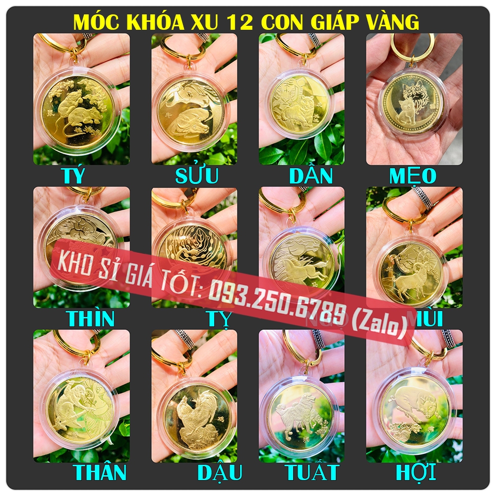 Móc Khóa Đồng Xu 12 Con Giáp Mạ Vàng Treo Oto, Xe Máy Phong Thủy