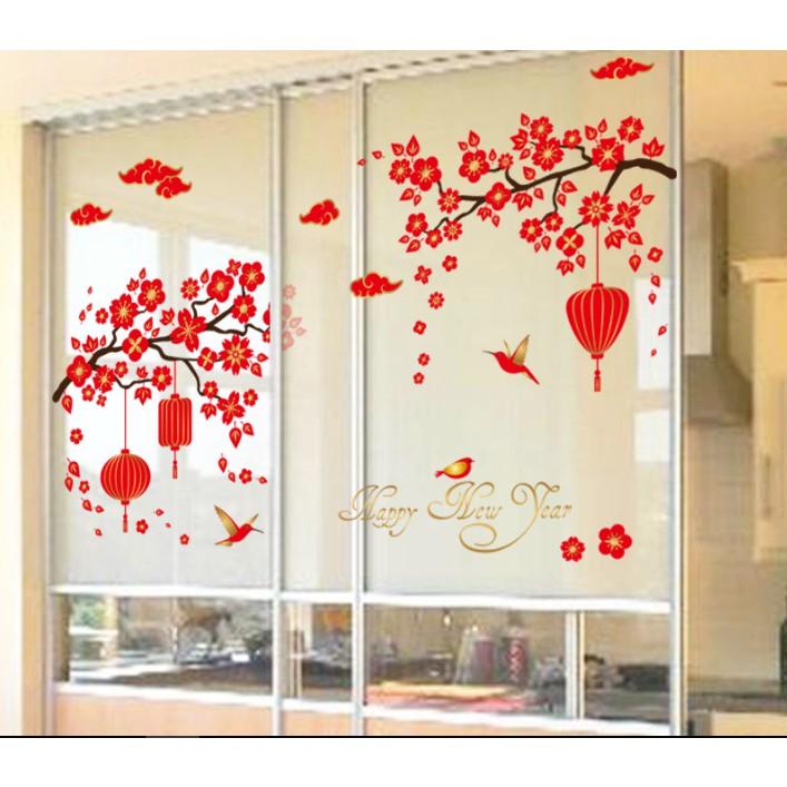Decal trang trí tết - Cành Mai đỏ lồng đèn chữ HPNY vàng ánh