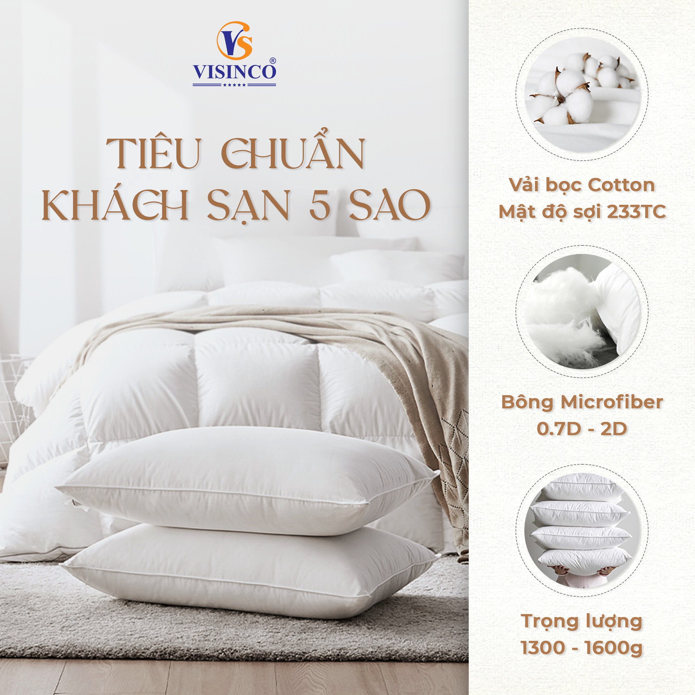 Ruột gối Visinco Lông vũ nhân tạo Microfiber Siêu mềm l Vải bọc Cotton 233TC