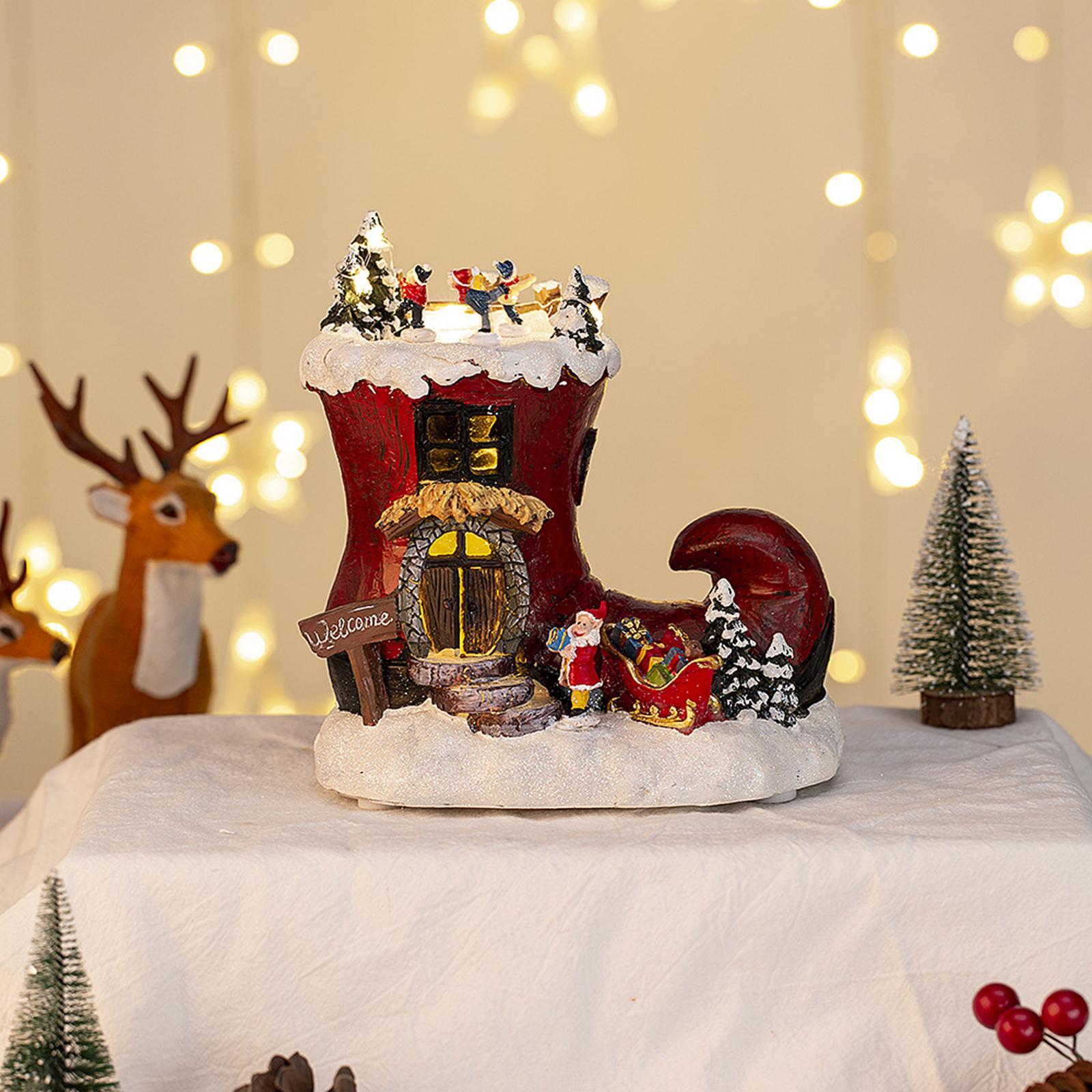Rotating Boot House Music Box Christmas Ornament Table Centerpiece with Light Santa Claus Figurines for Home Dorm Restaurant