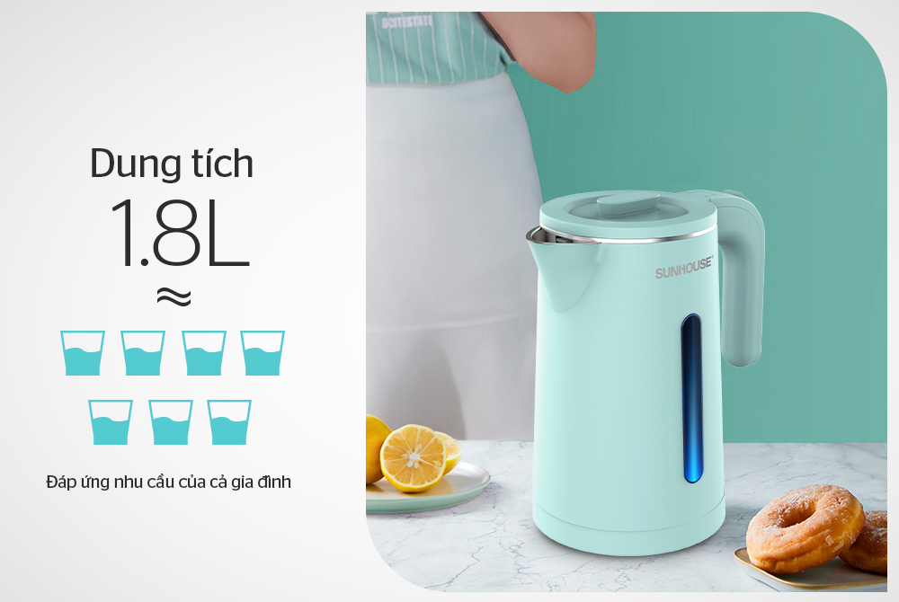 Ấm Siêu Tốc Inox 2 Lớp Sunhouse SHD1351 1.8 Lít - Bảo Hành 12 Tháng Toàn Quốc