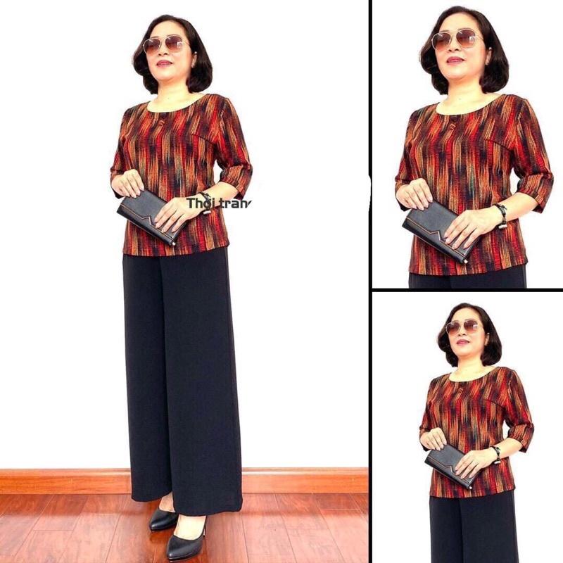 Bộ Đồ Trung Niên Cho Bà Cho Mẹ - Áo Lụa Hàn Châu Quần Tơ Đũi Cao Cấp