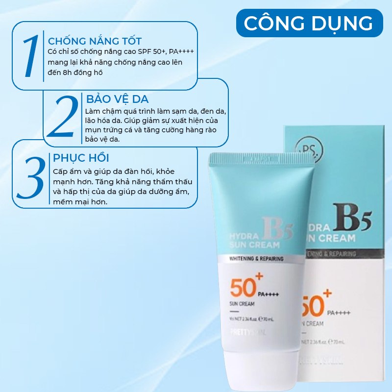 Kem chống nắng Pretty Skin phục hồi dưỡng trắng Hydra B5 Sun Cream SPF 50+/PA+++ 70ML