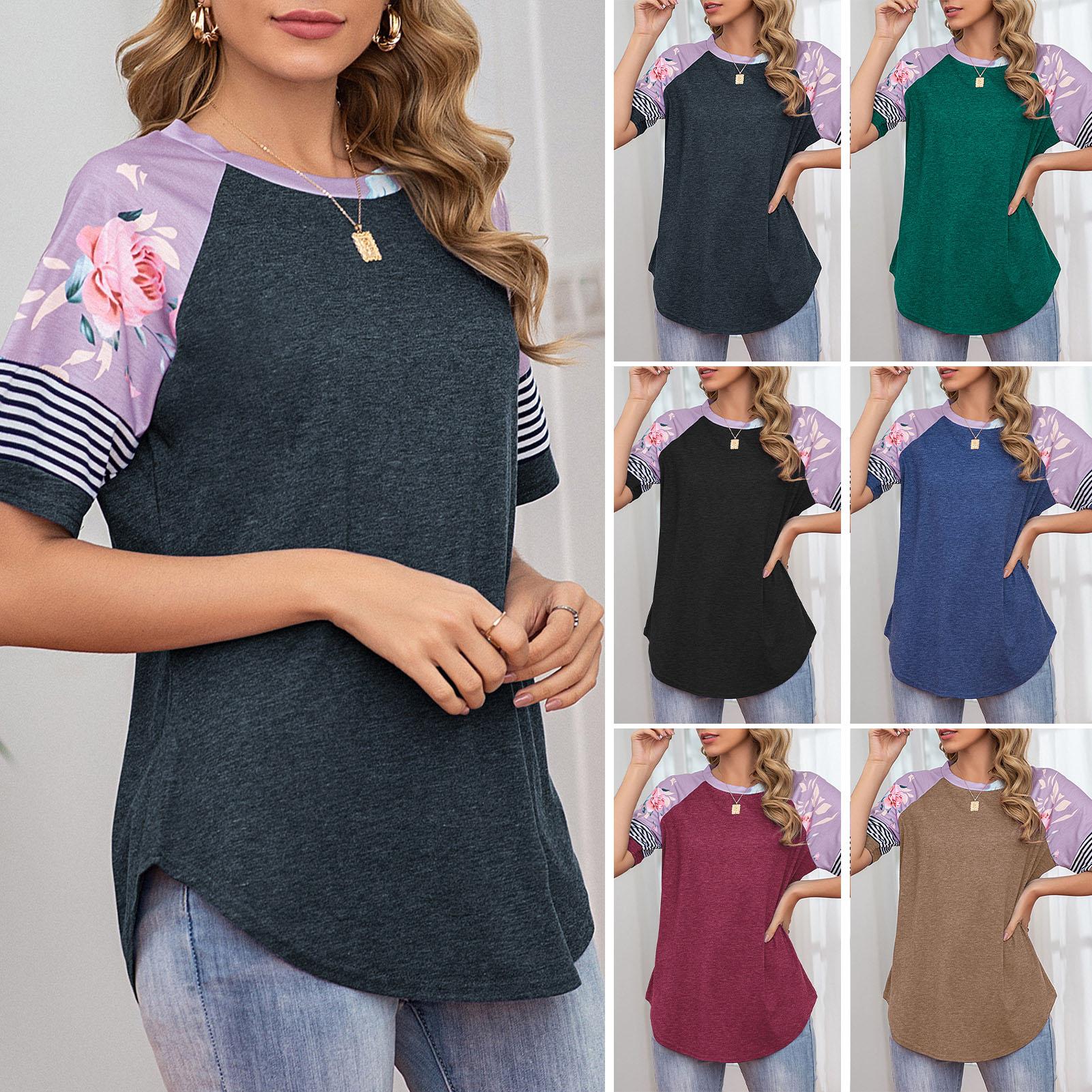 Women O-Neck Shirt Raglan Short Sleeve Splicing Floral Stripes Print Loose Fit Pullover Casual Summer Tops