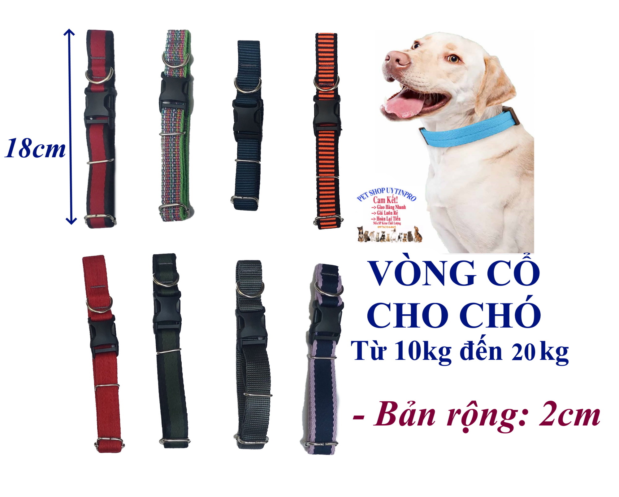 Vòng cổ cho Chó từ 10kg đến 20kg Bản rộng 2cm Chất liệu dù cao cấp, Chắc chắn, An toàn cho thú cưng