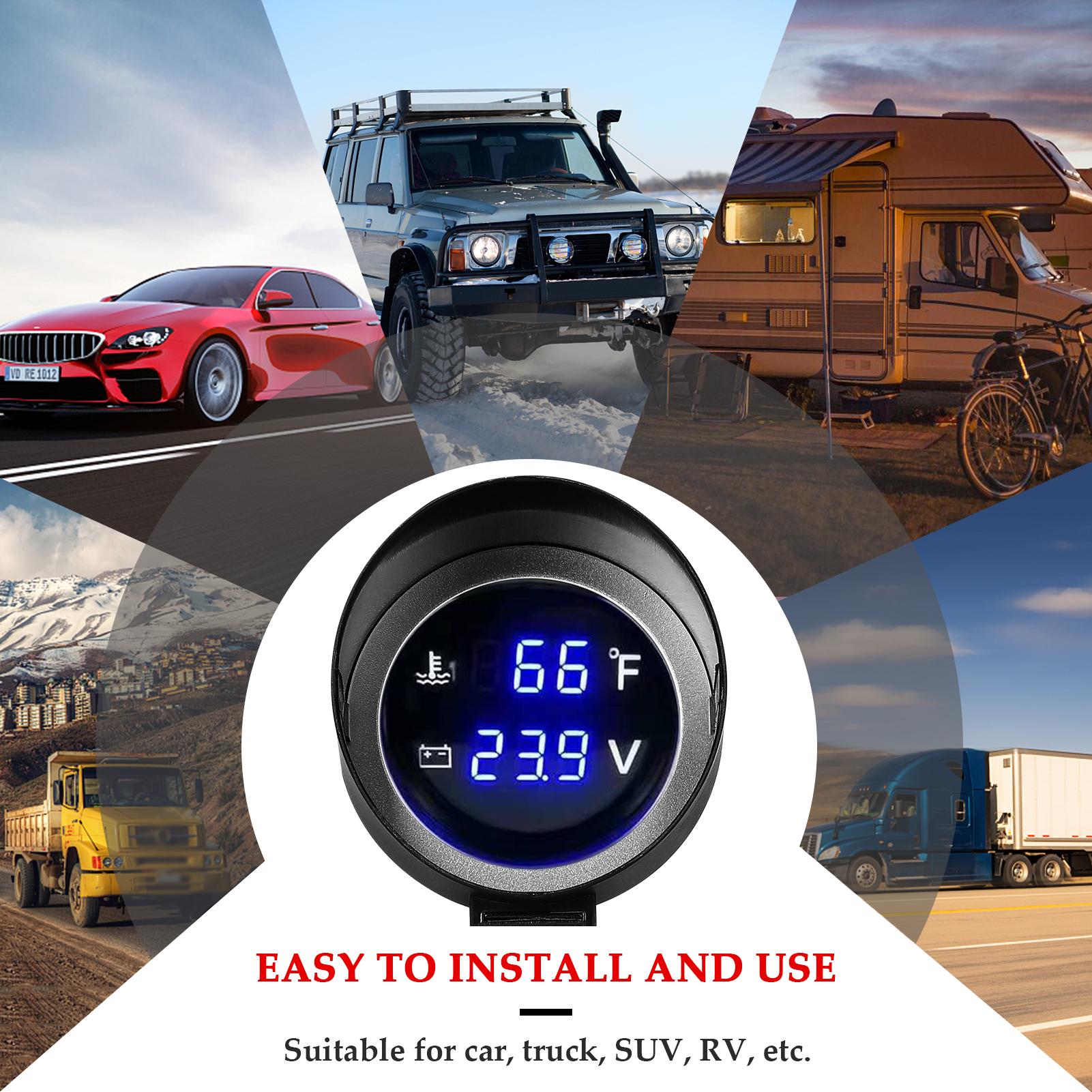 2 in 1 Universal Car Digital Gauge Water Temperature Voltage Gauge Voltmeter 9-36V with 1/8NPT Sensor for Car Truck SUV RV