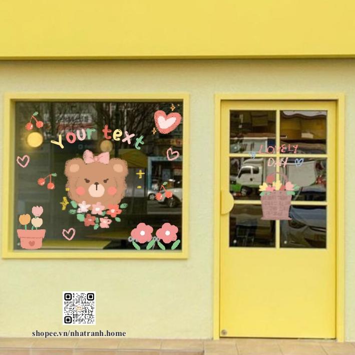 Hình dán flower bear dễ thương aesthetic trang trí gương, kính cửa hàng cute 12