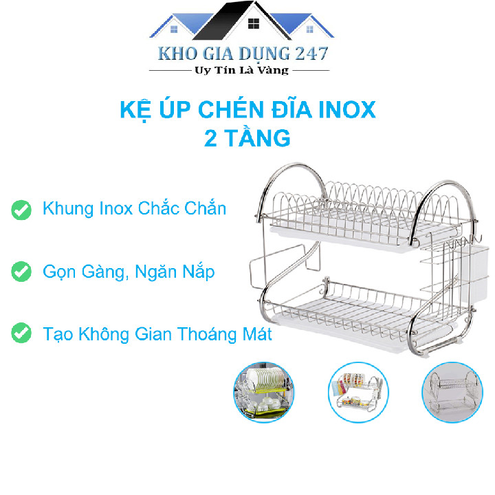 Kệ Úp Bát Chén Đĩa Inox 2 Tầng  Kệ Inox Úp Cốc, Để Bát Đĩa Khô Ráo Có Đĩa Hứng Nước Bên Dưới