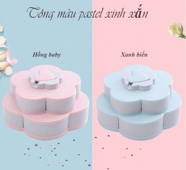 KHAY ĐỰNG MỨT TẾT, Hộp mứt xoay 2 tầng  xèo hình cánh hoa xinh xắn có rãnh đựng điện thoại tiện lợi