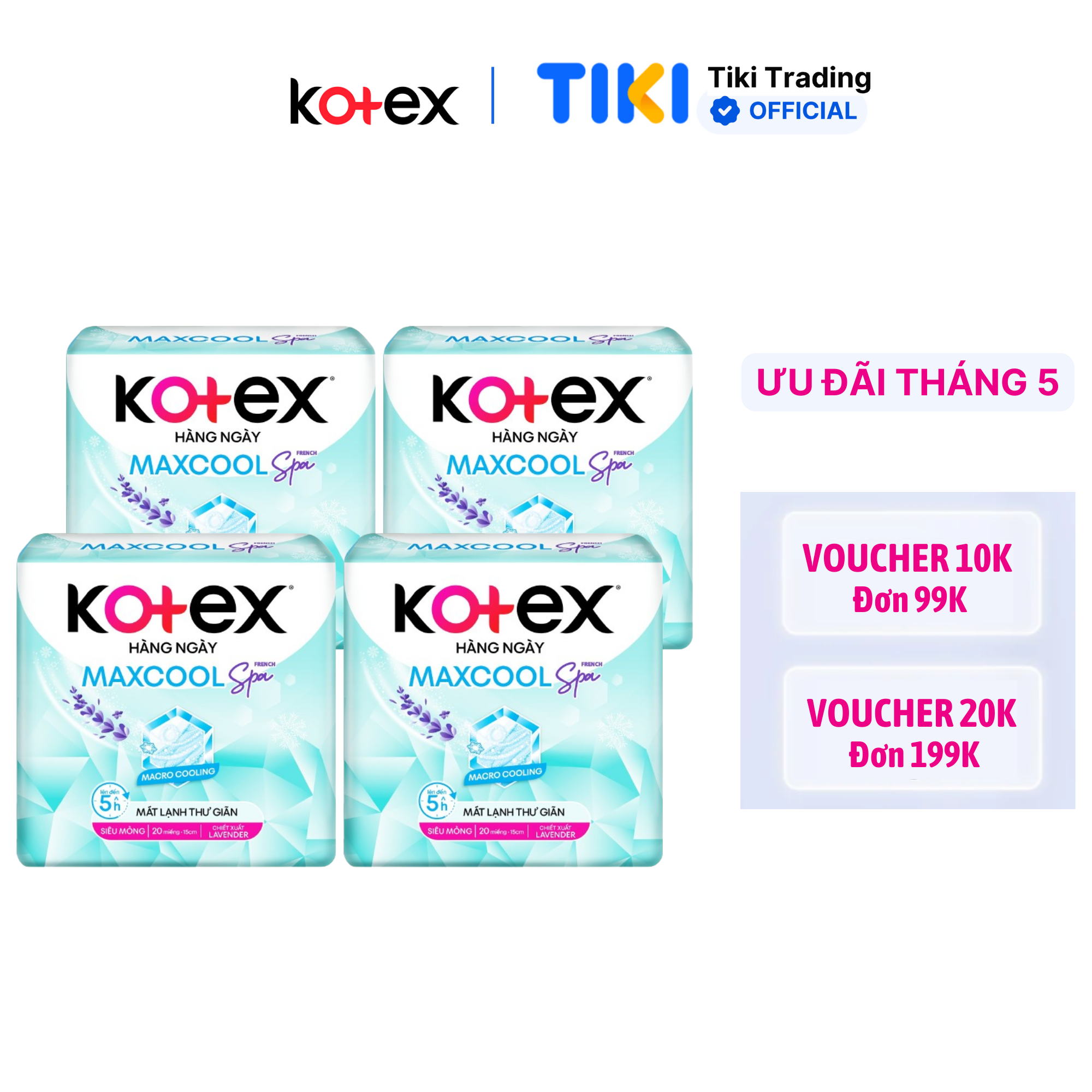 Combo 4 Băng Vệ Sinh Kotex Hàng Ngày Max Cool French Spa 20 miếng/Gói